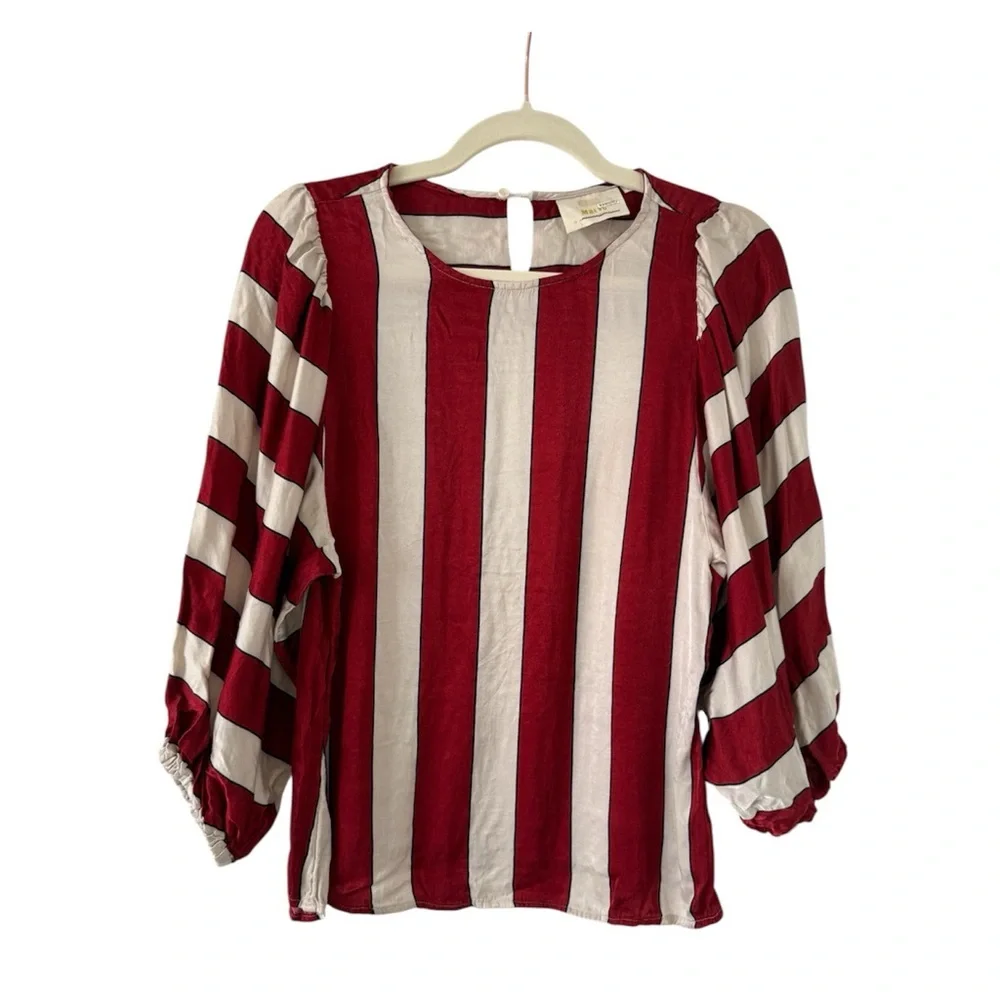 Maeve by Anthropologie Maria Balloon Sleeve Striped Satin Blouse